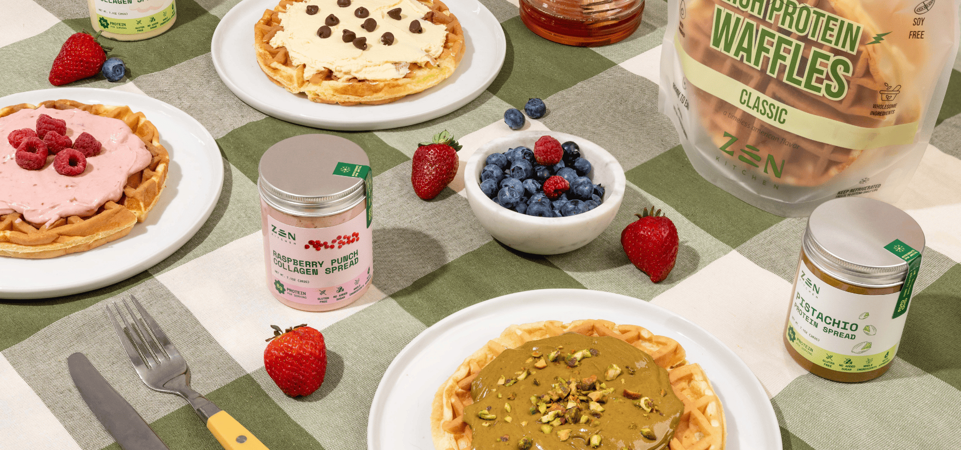 Zen Kitchen protein waffles topped with fresh fruit and signature spreads